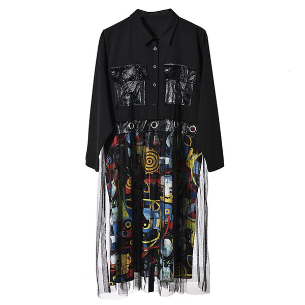 Black Mesh Pattern Printed Dress