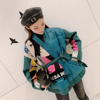 European goods 2019 winter new knit pattern stitching V-neck tie cotton coat female loose long coat