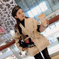European goods 2019 winter new knit pattern stitching V-neck tie cotton coat female loose long coat