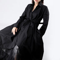 Lapel Long Sleeve Button Bandage Shirt Dress