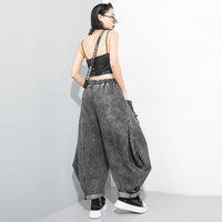 Wide Leg Black Big Size Ribbon Stitch Jeans