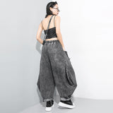 Wide Leg Black Big Size Ribbon Stitch Jeans