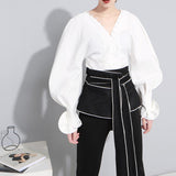 V-collar Lantern Sleeve Blouse