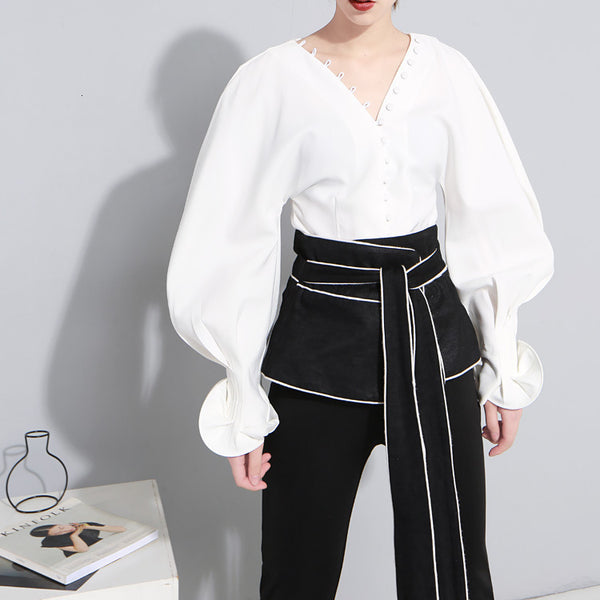 V-collar Lantern Sleeve Blouse