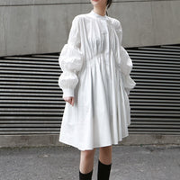 Stand Collar Long Sleeve White Pleated Blouse