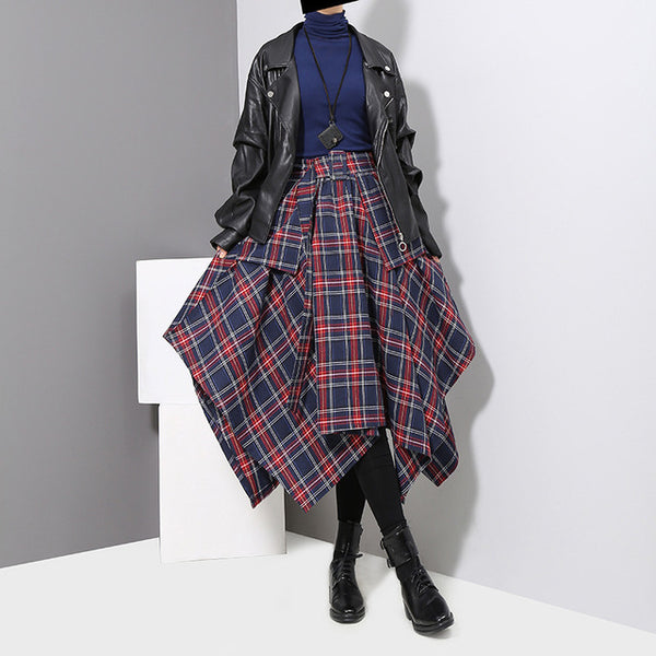 High Waist Red Plaid Loose Big Hem Half-body Skirt