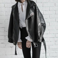 Black PU Leather Loose Turn-down Collar Zipper Jacket