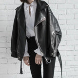 Black PU Leather Loose Turn-down Collar Zipper Jacket