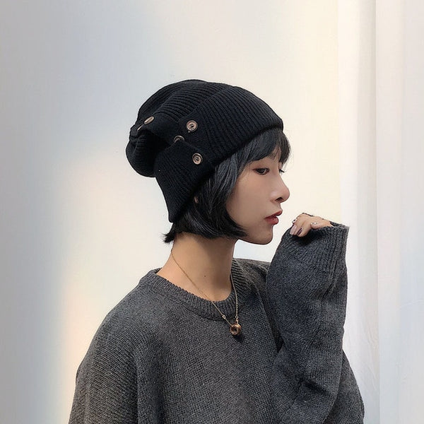 Solid Color Knitting Button Hat