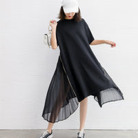 Black Color Short Sleeve Chiffon Irregular Hem Dress