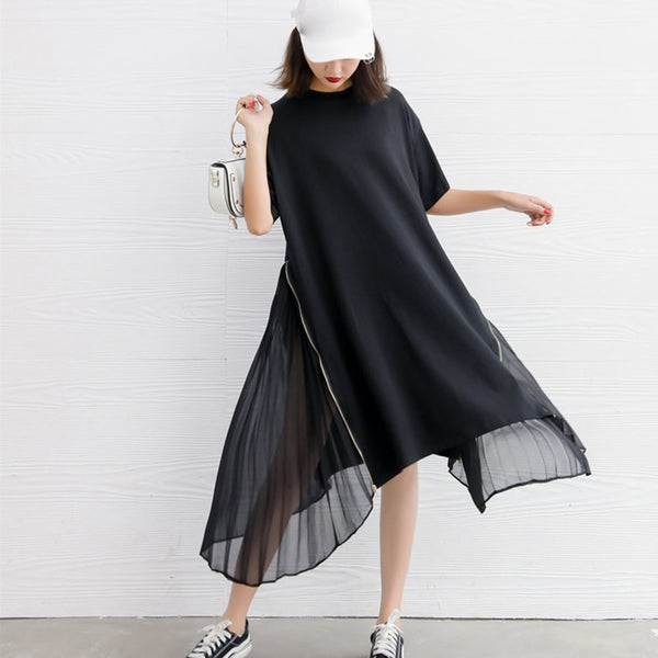 Black Color Short Sleeve Chiffon Irregular Hem Dress