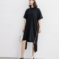 Black Color Short Sleeve Chiffon Irregular Hem Dress