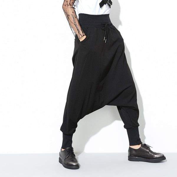 Solid Black Loose-fitting Harem Pants