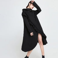 Hooded Long Sleeve Black Ruffles Dress
