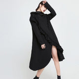 Hooded Long Sleeve Black Ruffles Dress