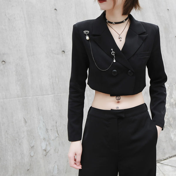 Lapel Long Sleeve Black Short Jacket