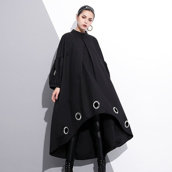 Round Neck Long Sleeve Black Metal Grommet Dress