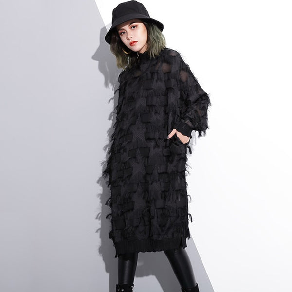 Stand Collar Long Sleeve Perspective Tasseled Big Size Dress