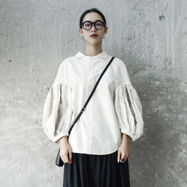 Lantern Sleeve White Loose Shirt Blouse