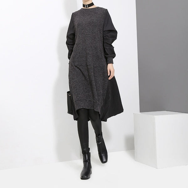Long Sleeve Black Back Pleated Dress