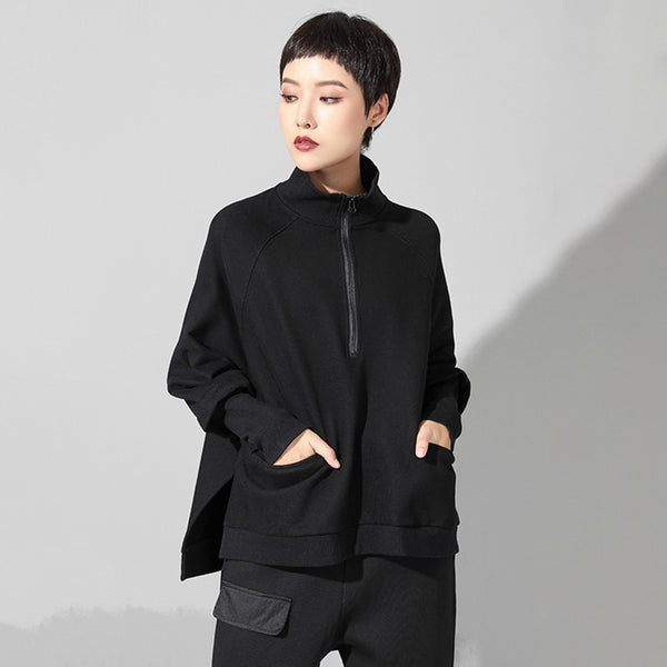 Stand Collar Long Sleeve Black Zipper Sweatshirt