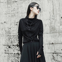 Black Irregular Turtleneck Long Gloves Sleeves Shirt