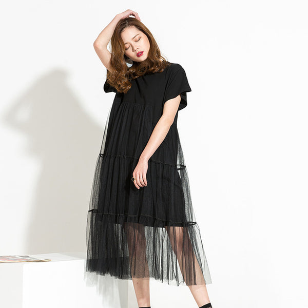 O-neck Short Sleeve Mesh Dress
