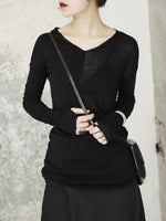 V-collar Long Sleeve Half Split T-shirt