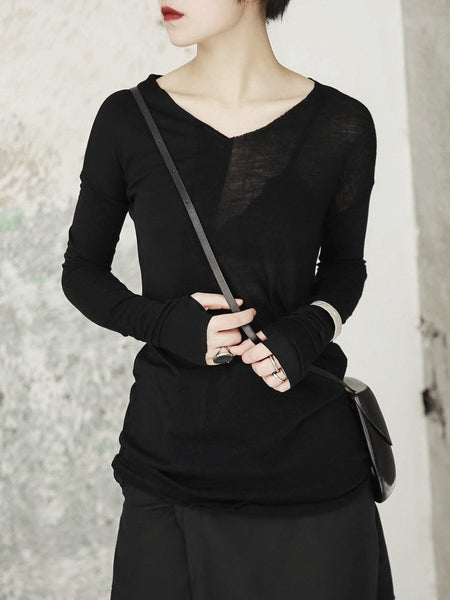 V-collar Long Sleeve Half Split T-shirt