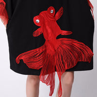 Wrist Sleeve O Collar Fish Embroidery Dress