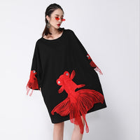 Wrist Sleeve O Collar Fish Embroidery Dress