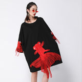 Wrist Sleeve O Collar Fish Embroidery Dress
