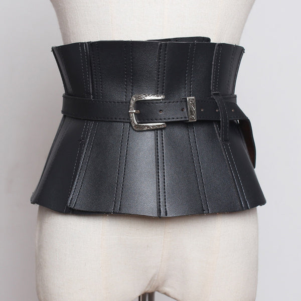 Pu Leather Black Ruffles Buckle Wide Belt