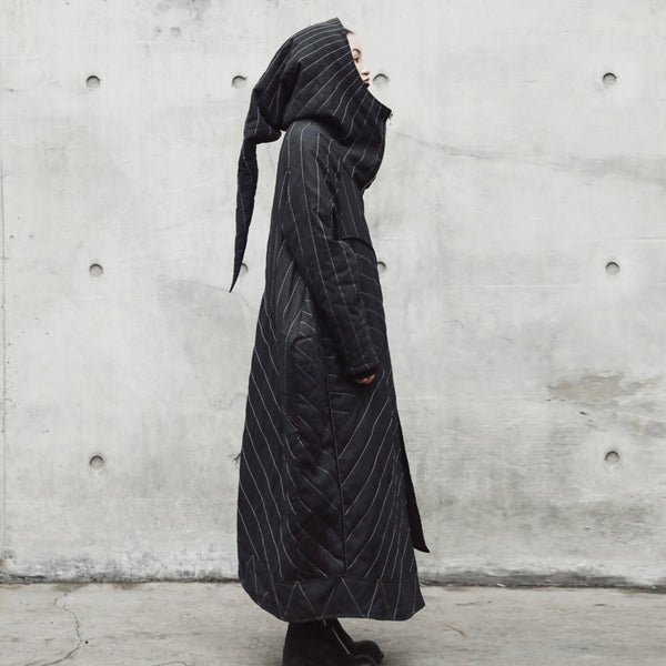 Hooded Black Striped Long Coat