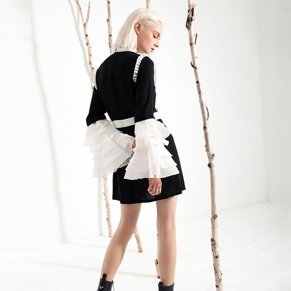 Ruffeled Collar Long Flare Sleeve Dress