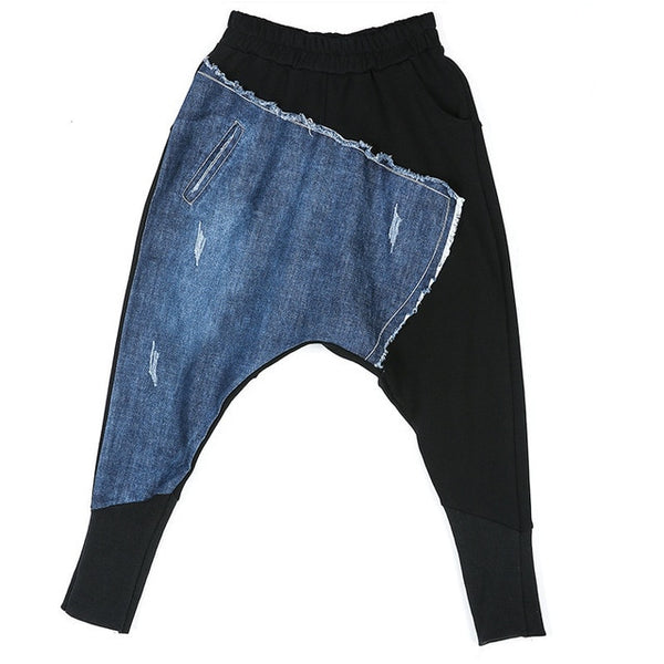 Denim Stitching Elatic Waist Cross-pants