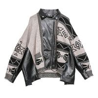 Black Knitting Pu Leather Big Size Jacket