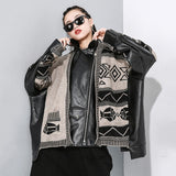 Black Knitting Pu Leather Big Size Jacket