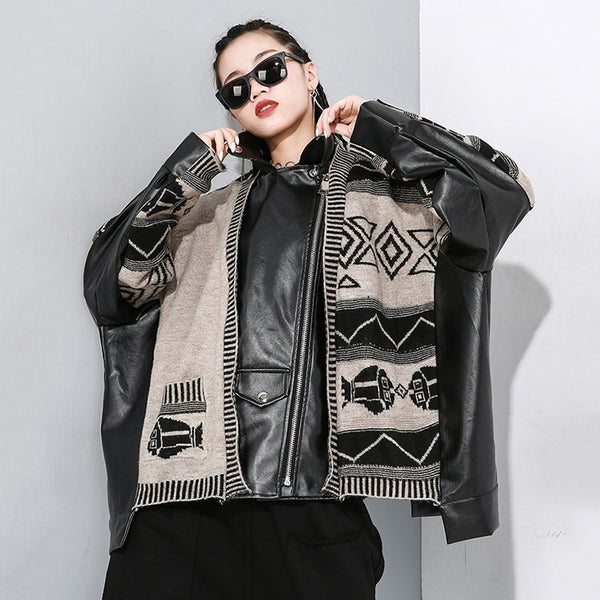 Black Knitting Pu Leather Big Size Jacket
