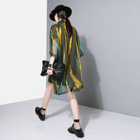 Lapel Three-quarter Sleeve Green Shining Shirt