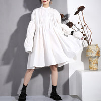 Stand Collar Long Sleeve Black Pleated Dress