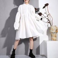 Stand Collar Long Sleeve Black Pleated Dress