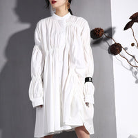 Stand Collar Long Sleeve Black Pleated Dress