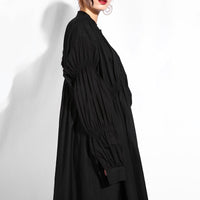 Stand Collar Long Sleeve Black Pleated Dress