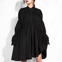 Stand Collar Long Sleeve Black Pleated Dress
