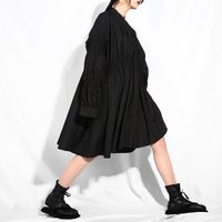 Stand Collar Long Sleeve Black Pleated Dress