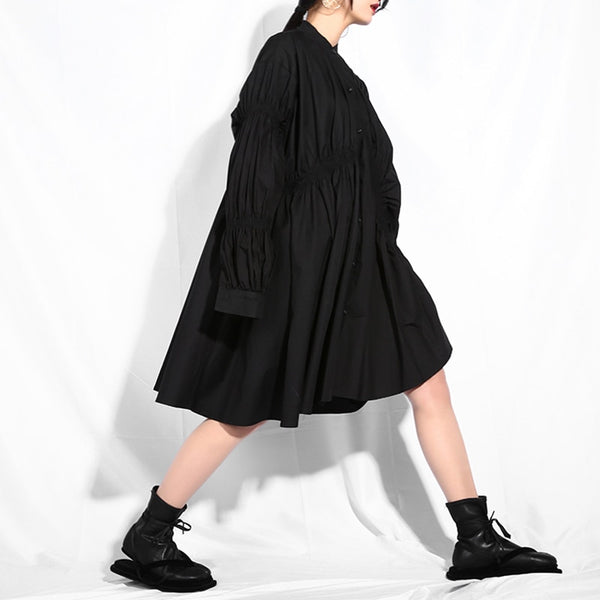 Stand Collar Long Sleeve Black Pleated Dress
