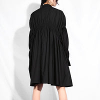Stand Collar Long Sleeve Black Pleated Dress