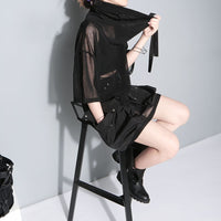 Turtleneck Half Sleeve Big Pockets Mesh T-shirt