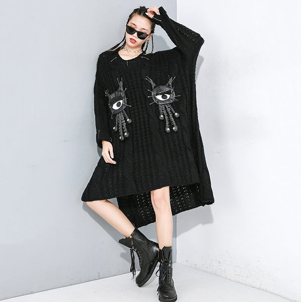 Black Asymmetrical Big Knitting Sweater
